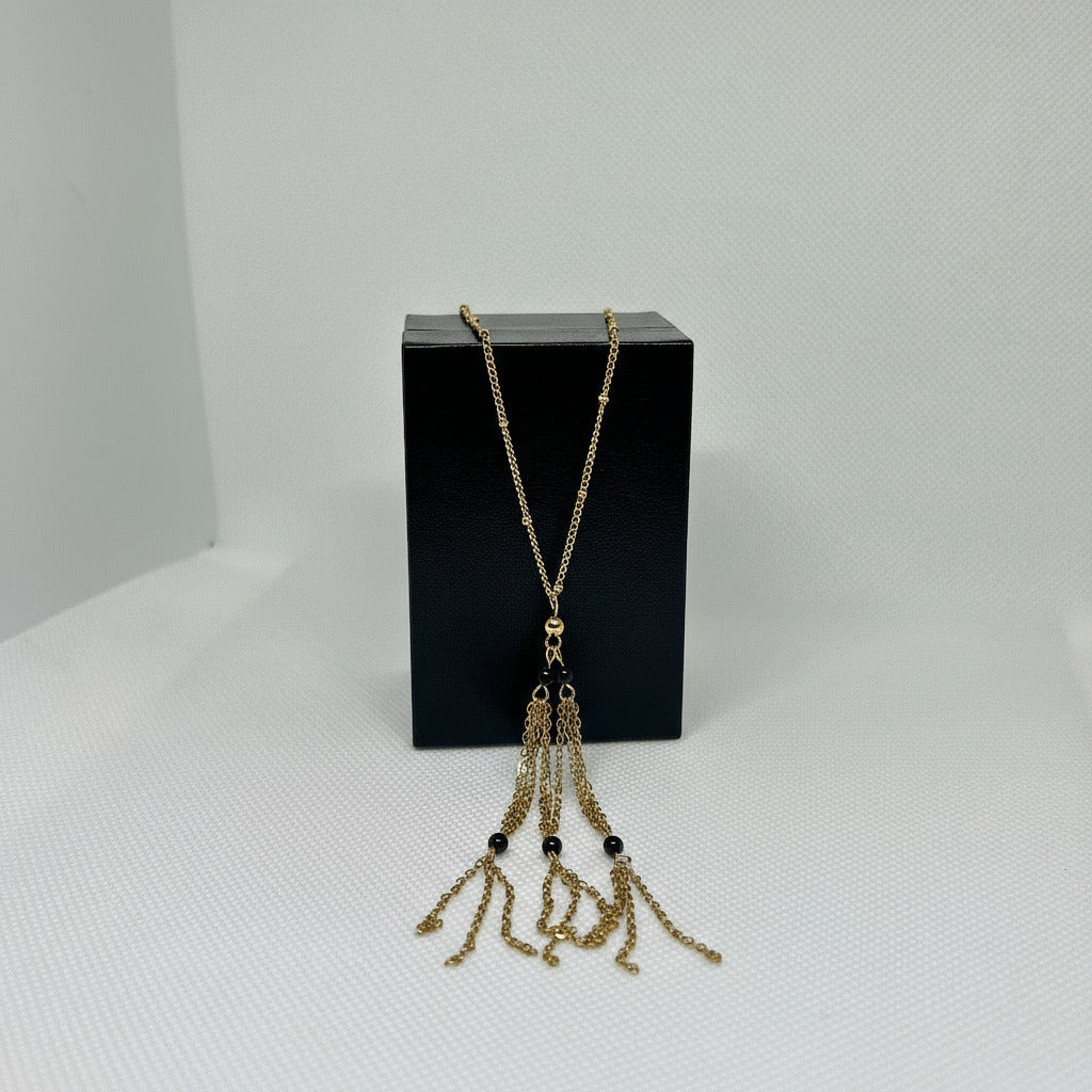 Tassle Chain Pendant Necklace With Black Beads