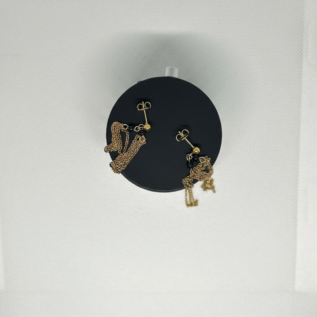 Tassle Chain Earrings With Black Beads