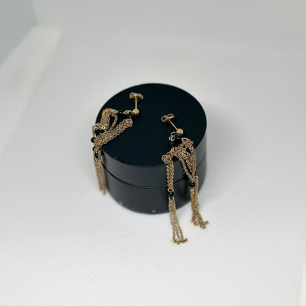 Tassle Chain Earrings With Black Beads
