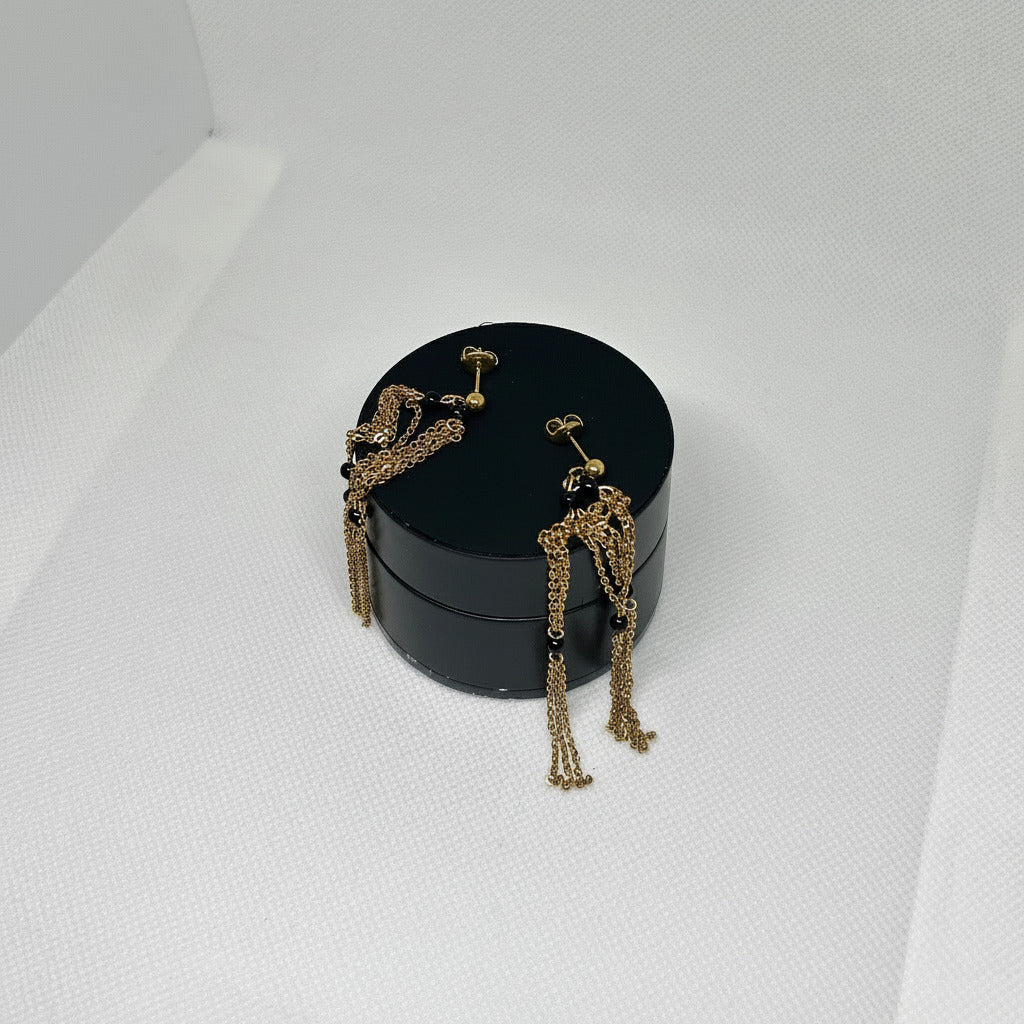Tassle Chain Earrings With Black Beads