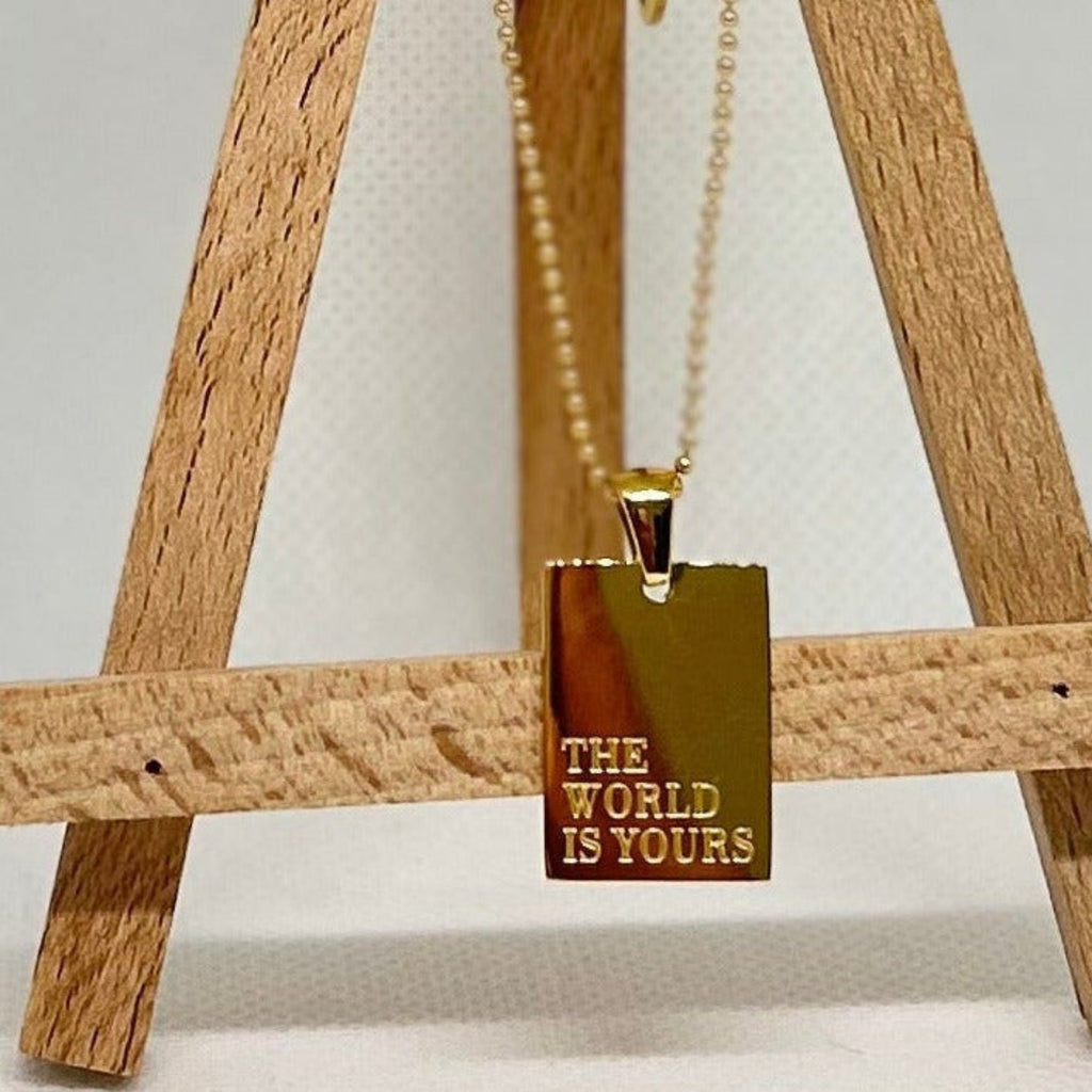 Motivational Gold Tone Pendant Necklace 'The world is yours'