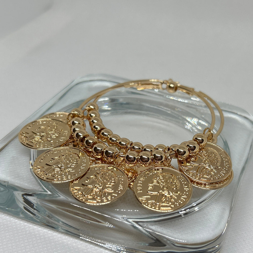 Gold Vintage Coin Dangle Beaded Hoop Earrings
