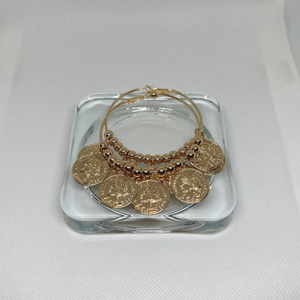 Gold Vintage Coin Dangle Beaded Hoop Earrings