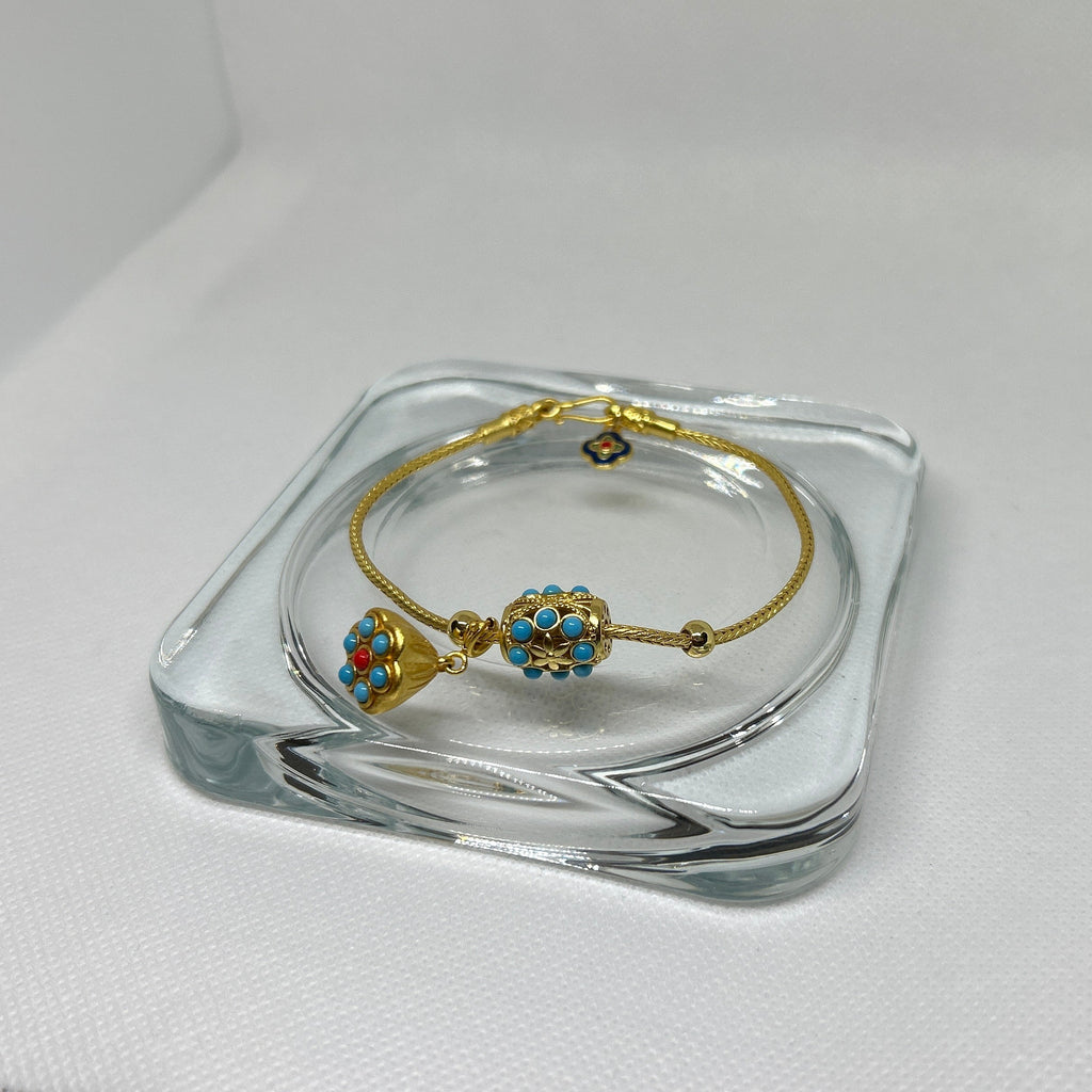 Gold Turquoise & Coral Lotus Bead Charm Bracelet