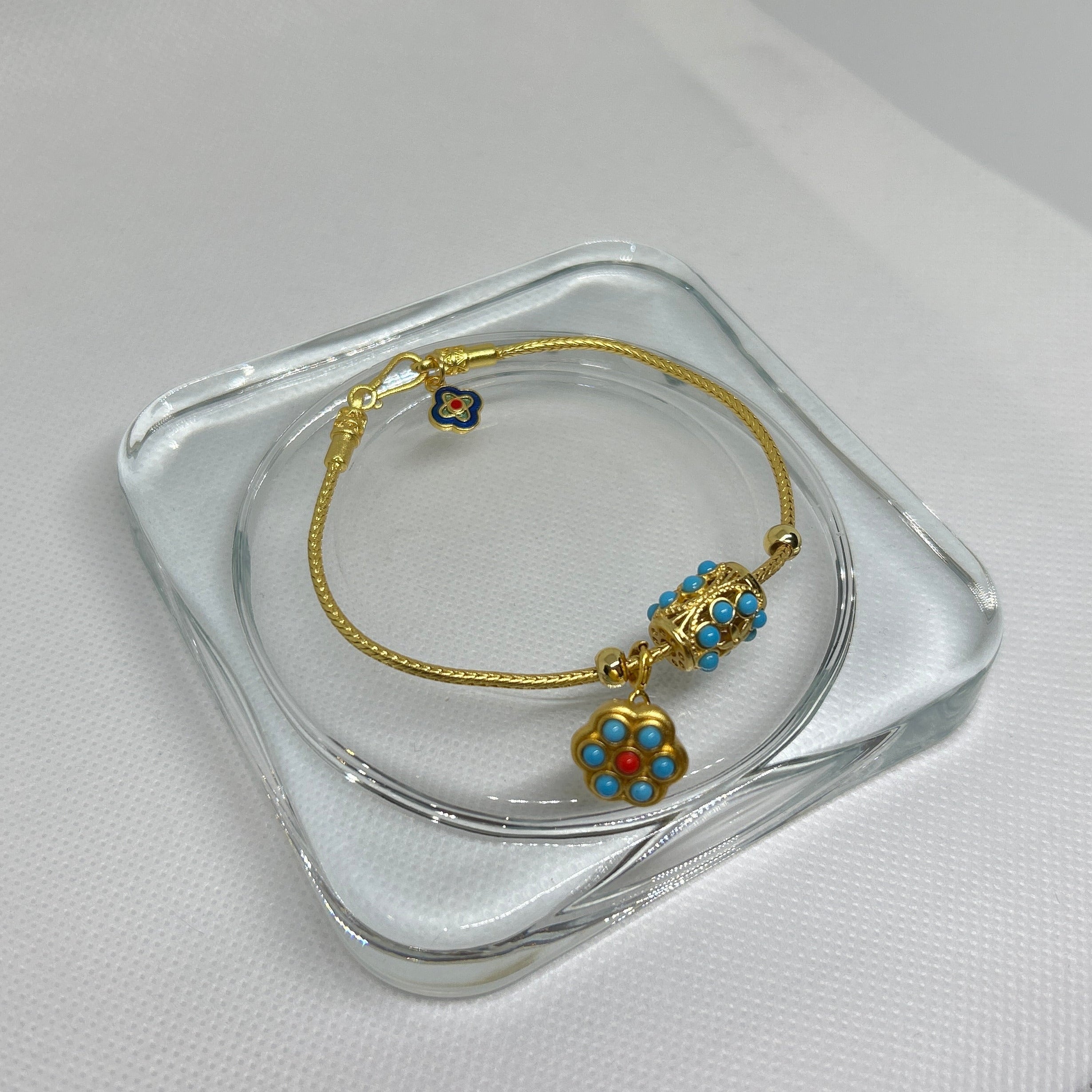 Gold Turquoise & Coral Lotus Bead Charm Bracelet