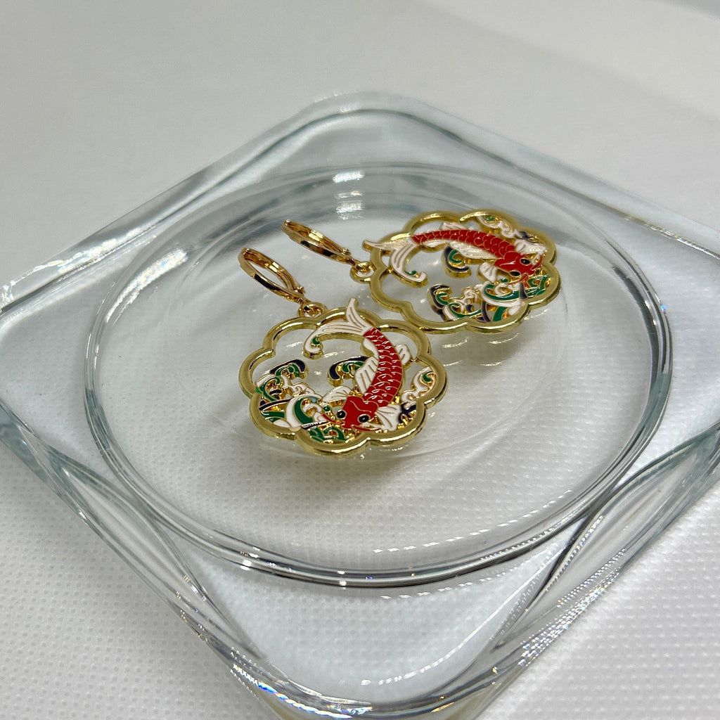 Enamel Koi Fish Floral Drop Huggie Earrings