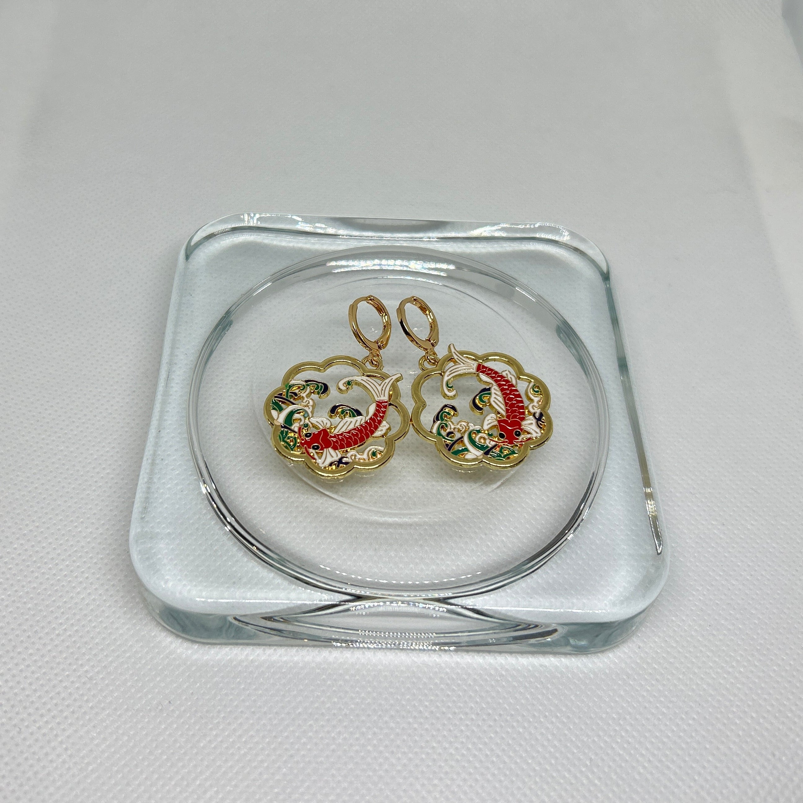 Enamel Koi Fish Floral Drop Huggie Earrings