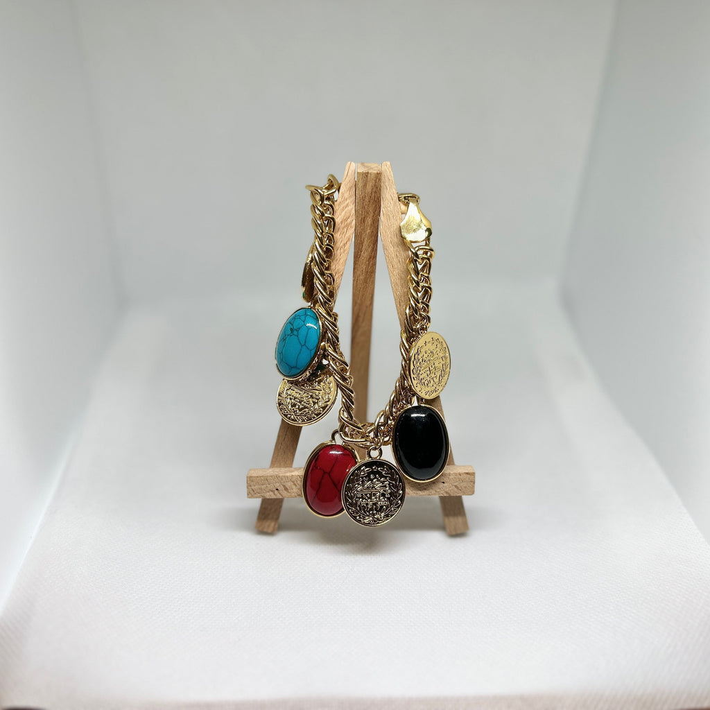 Gold Multi Stone & Medallion Statement Charm Bracelet
