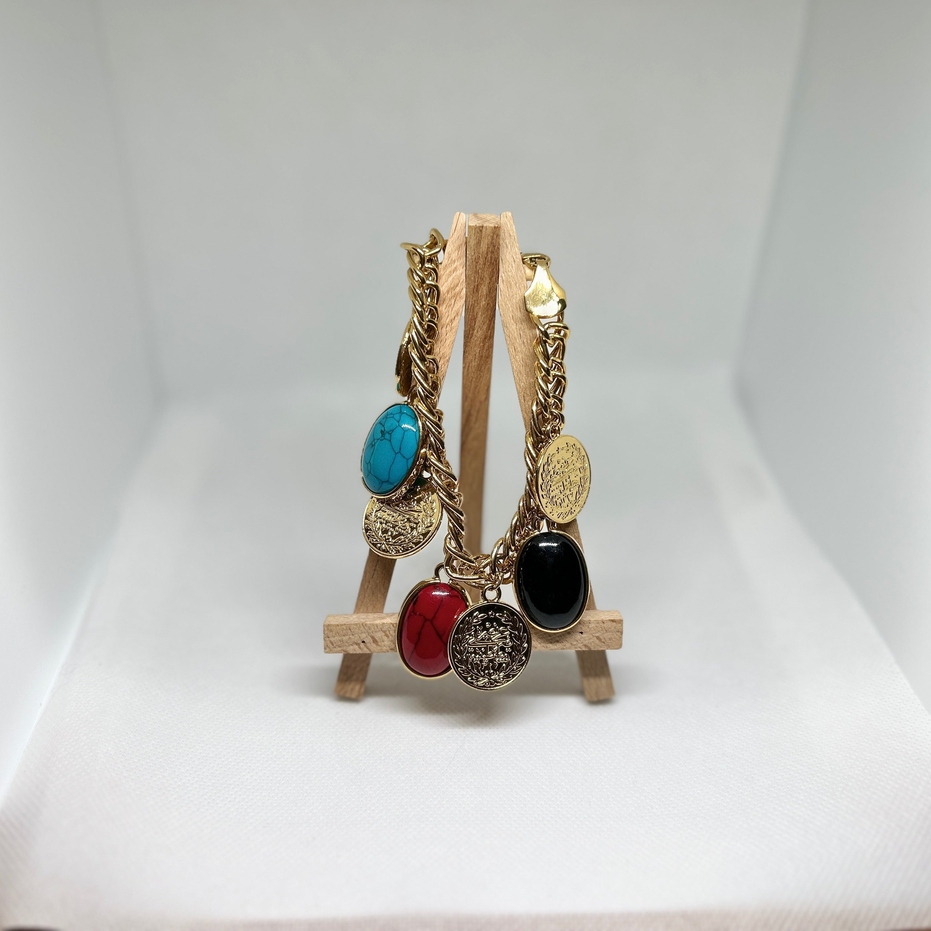 Gold Multi Stone & Medallion Statement Charm Bracelet