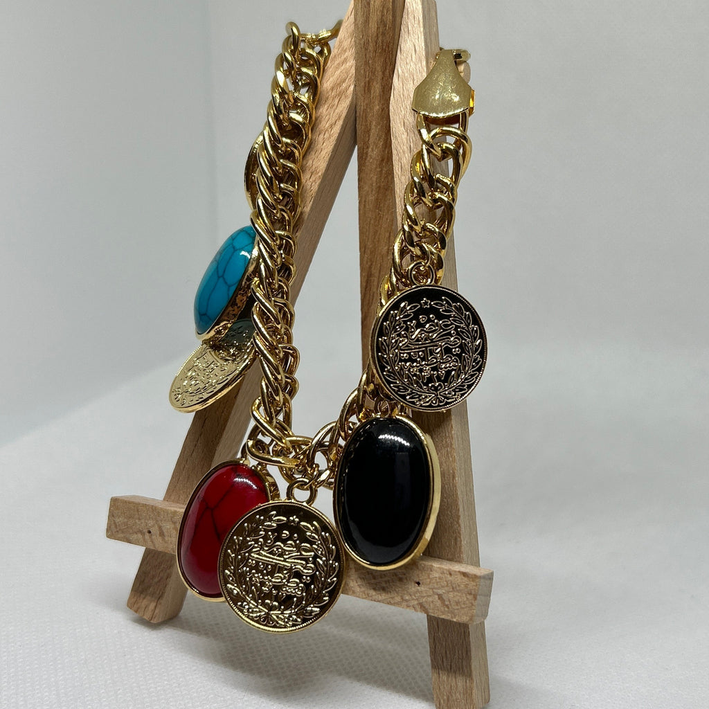 Gold Multi Stone & Medallion Statement Charm Bracelet