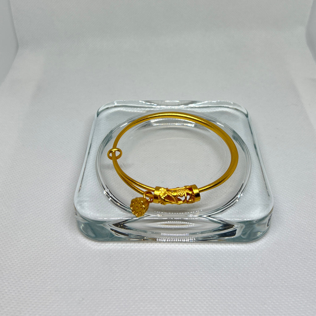 Gold Lotus Pod & Fish Charm Adjustable Bangle Bracelet