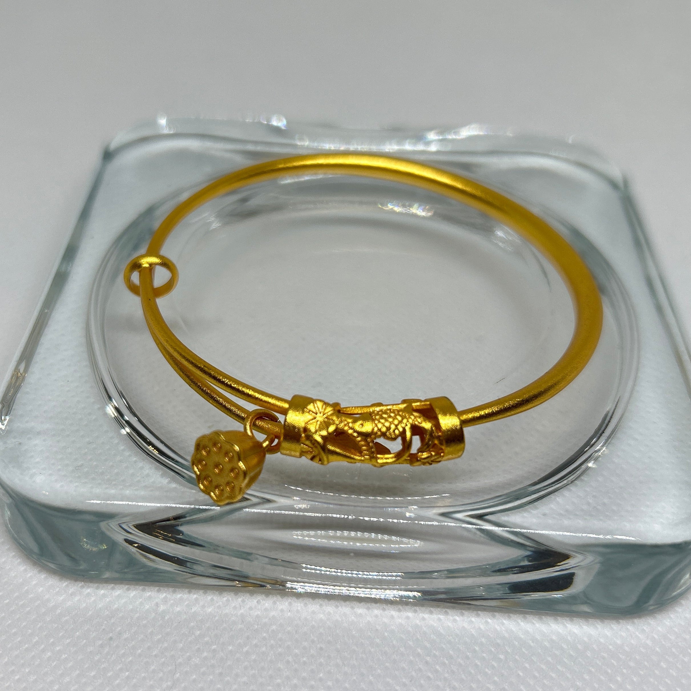 Gold Lotus Pod & Fish Charm Adjustable Bangle Bracelet