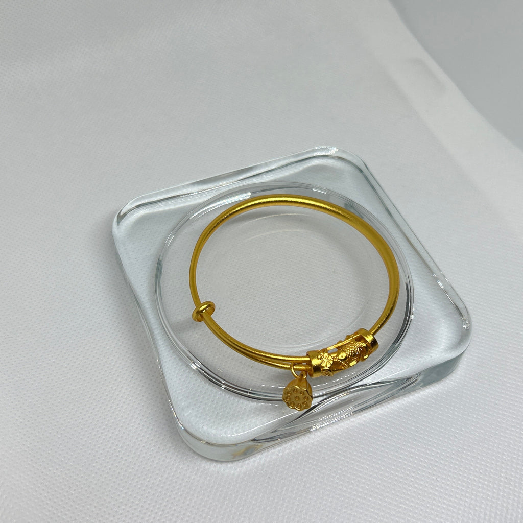 Gold Lotus Pod & Fish Charm Adjustable Bangle Bracelet