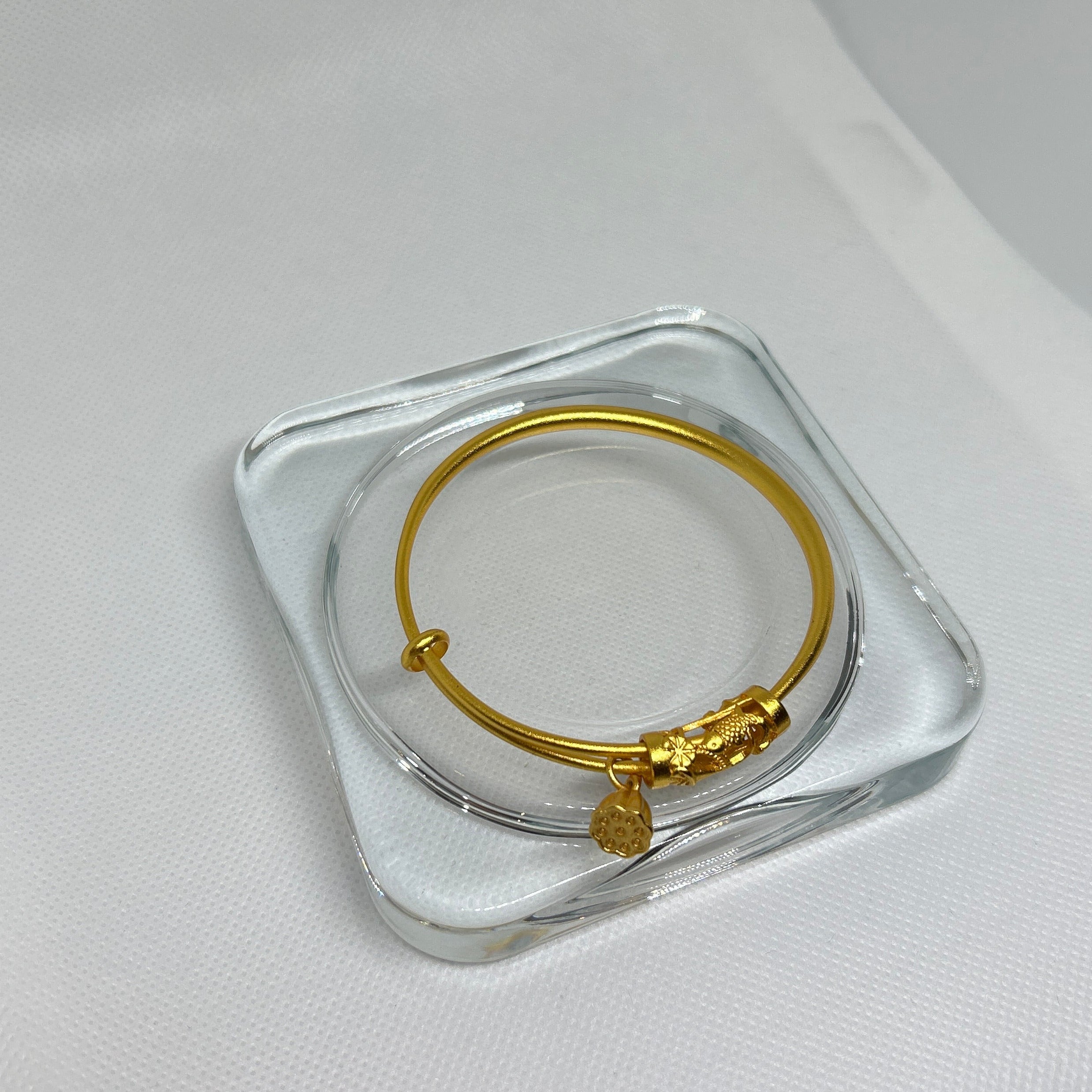 Gold Lotus Pod & Fish Charm Adjustable Bangle Bracelet