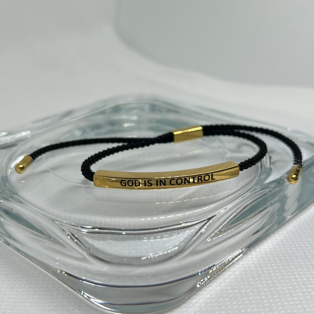 "God Is In Control" Engraved Bar Cord Bracelet