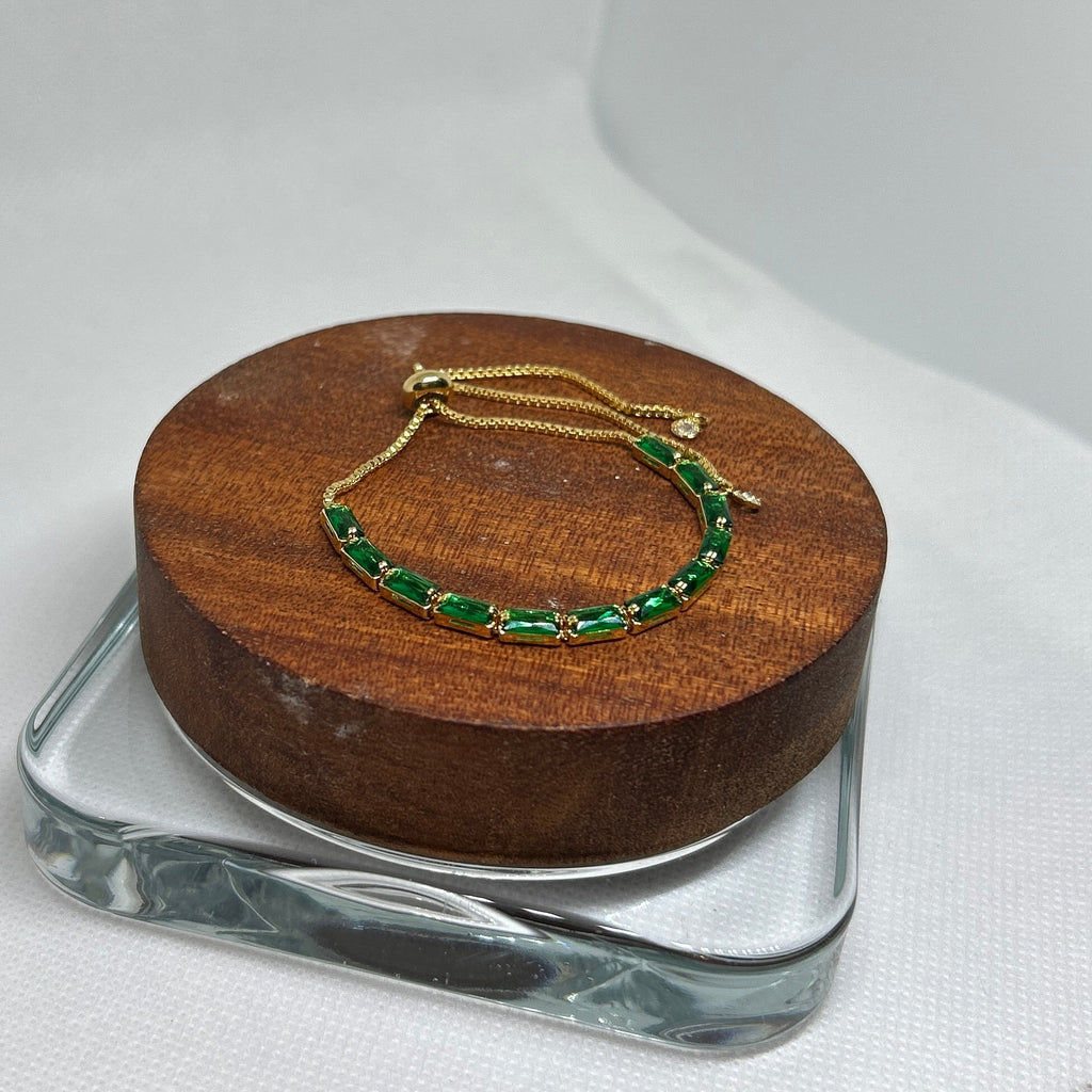 Gold Emerald Green Baguette Crystal Adjustable Bolo Bracelet