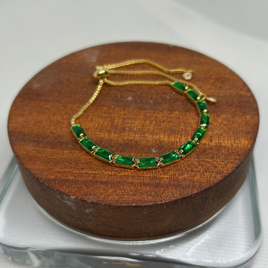 Gold Emerald Green Baguette Crystal Adjustable Bolo Bracelet