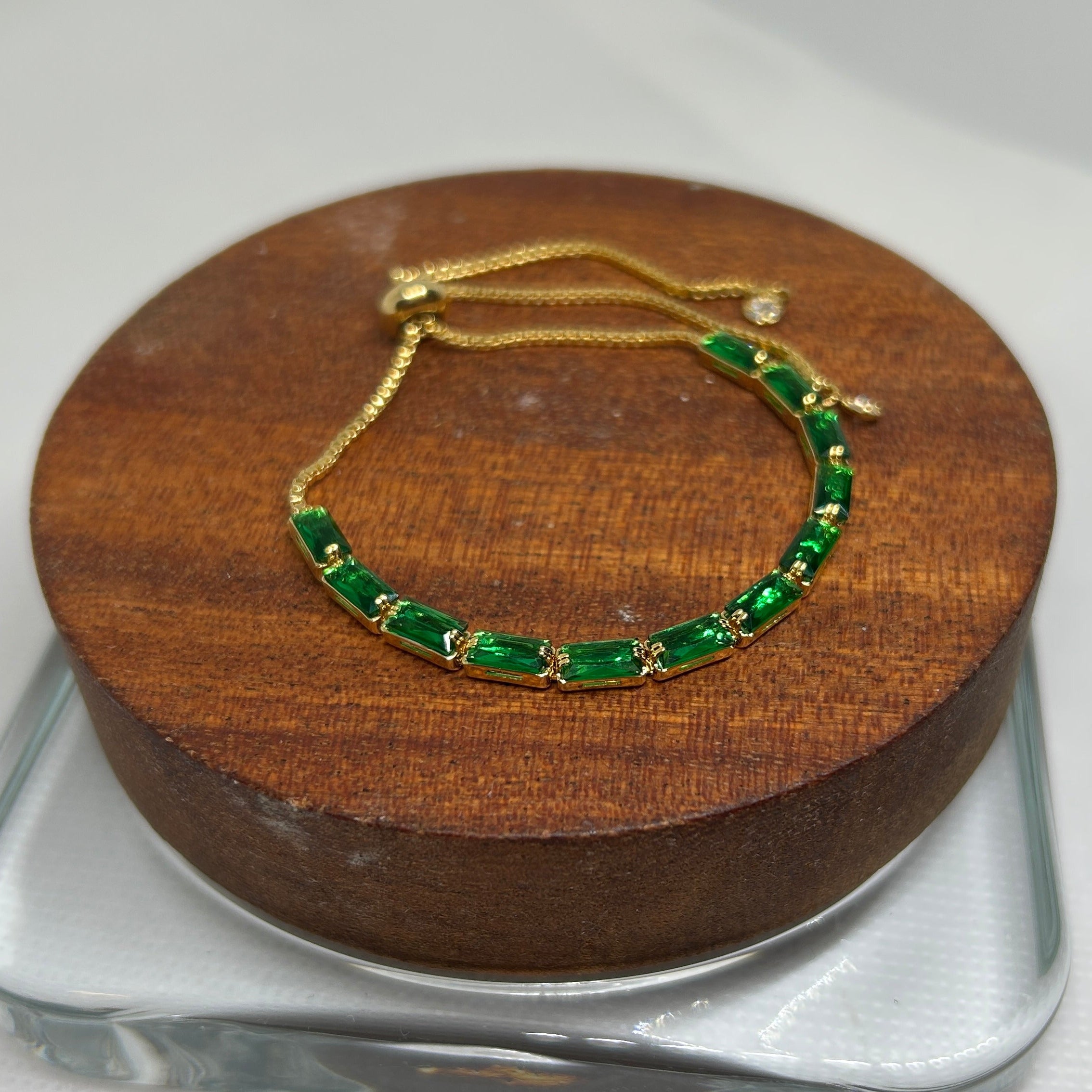 Gold Emerald Green Baguette Crystal Adjustable Bolo Bracelet