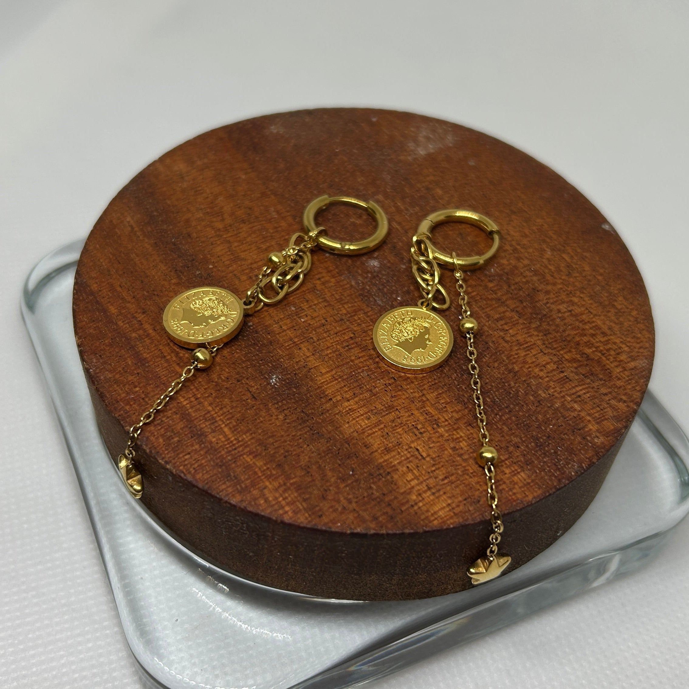 Gold Vintage Coin & Star Chain Drop Huggie Earrings