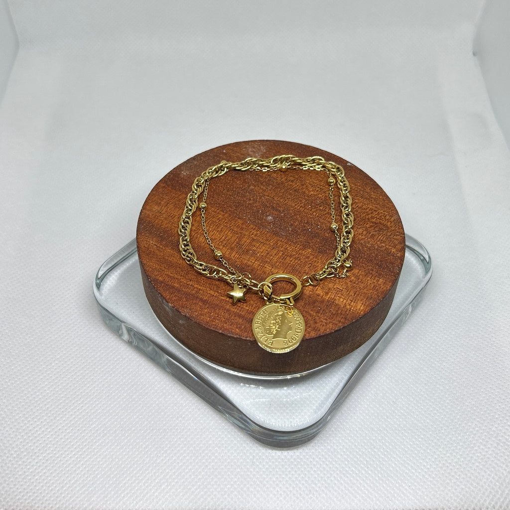 Layered Gold Coin & Star Charm Toggle Bracelet