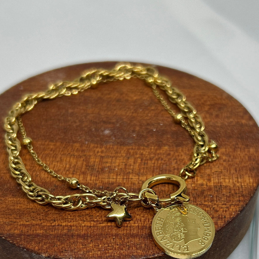 Layered Gold Coin & Star Charm Toggle Bracelet