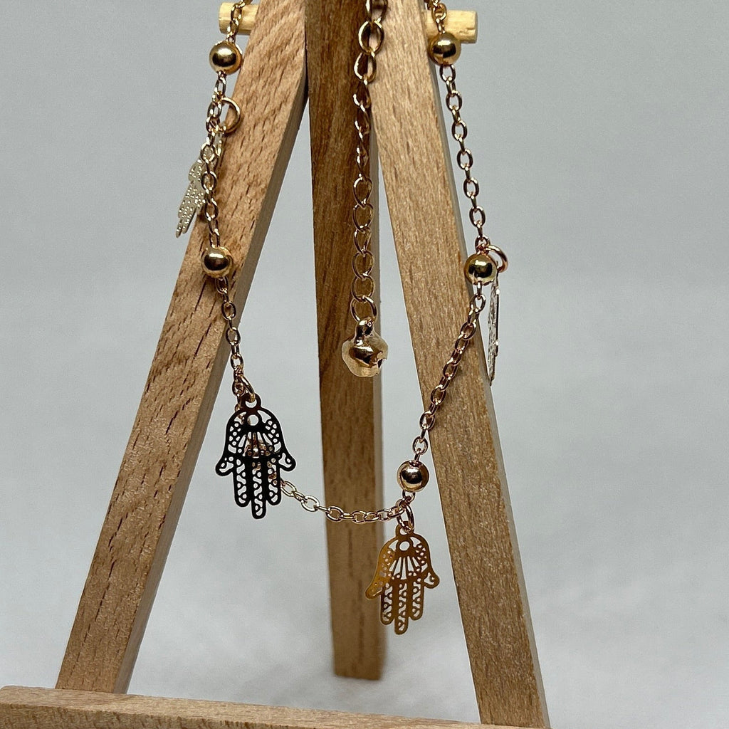 Gold Fatima Hand & Bead Charm Station Anklet Bracelet