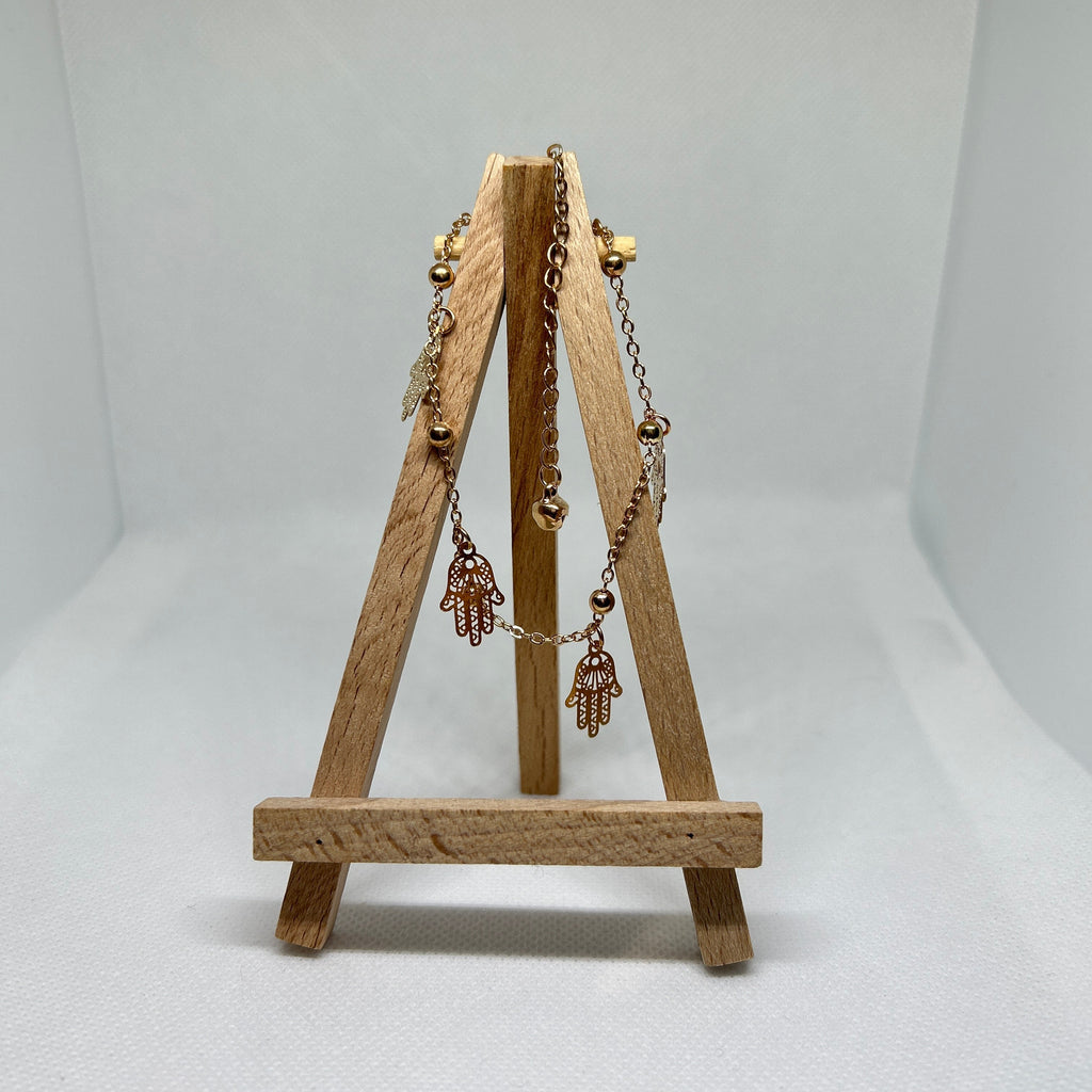 Gold Fatima Hand & Bead Charm Station Anklet Bracelet