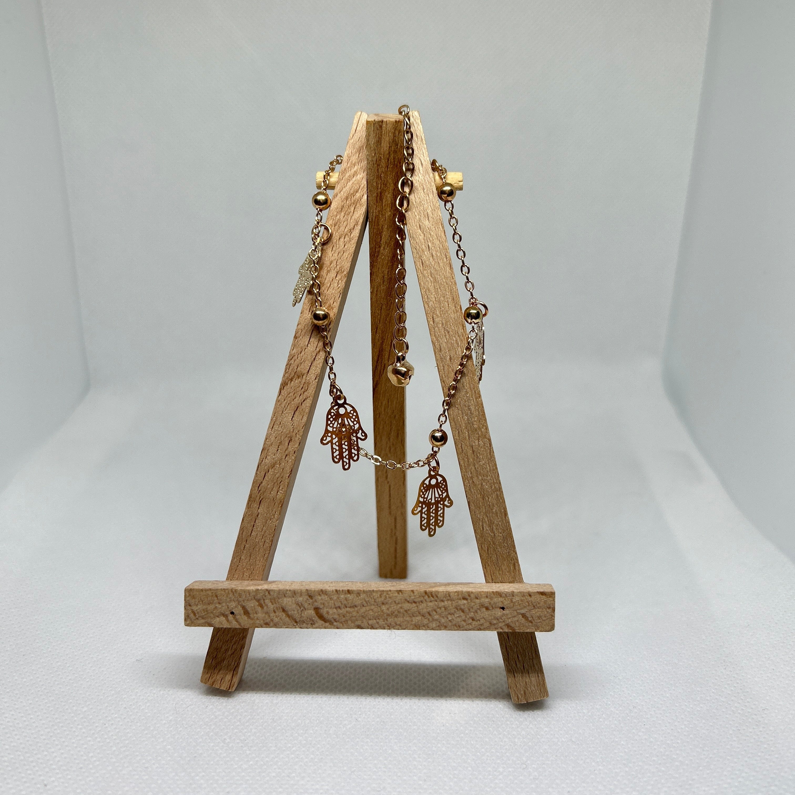 Gold Fatima Hand & Bead Charm Station Anklet Bracelet