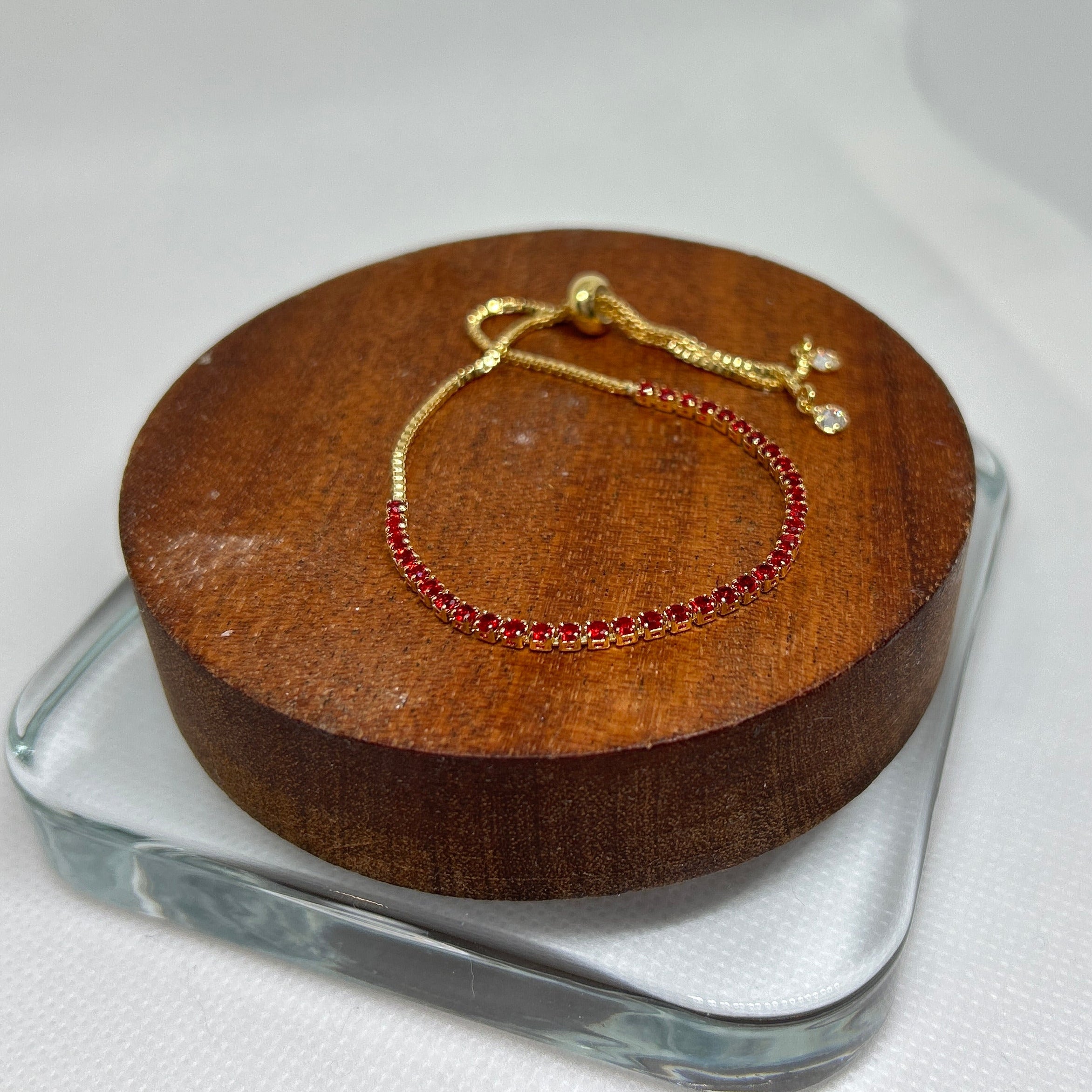 Gold Red Crystal Tennis Adjustable Bolo Bracelet