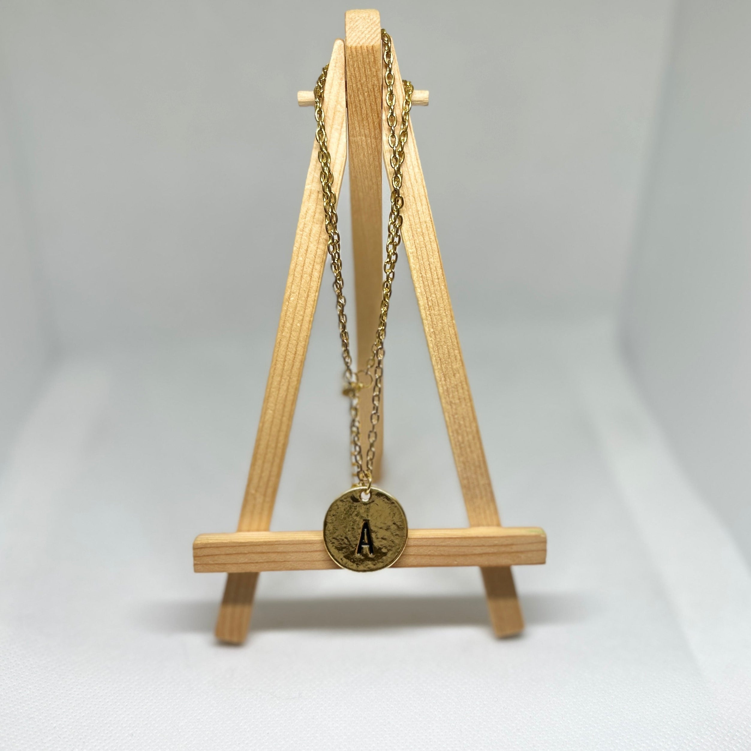 Gold Initial Letter A Stamped Disc Pendant Chain Necklace
