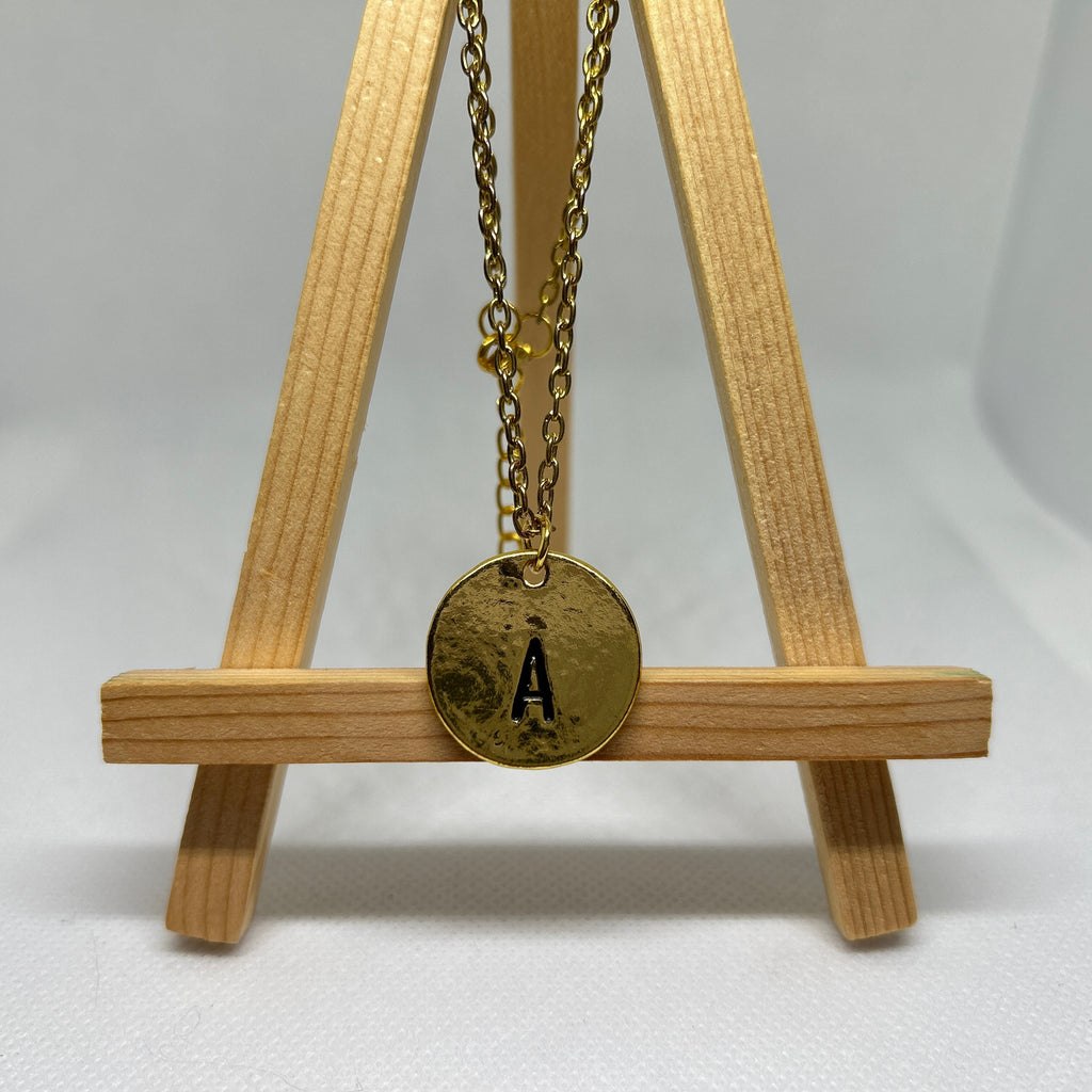 Gold Initial Letter A Stamped Disc Pendant Chain Necklace