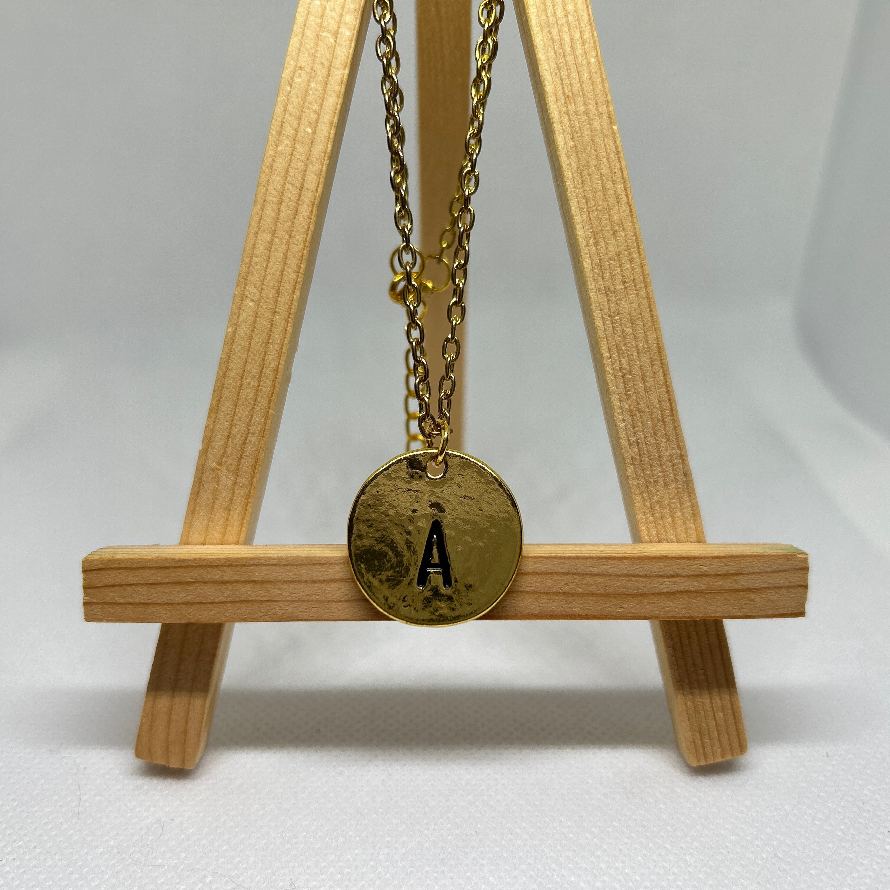 Gold Initial Letter A Stamped Disc Pendant Chain Necklace