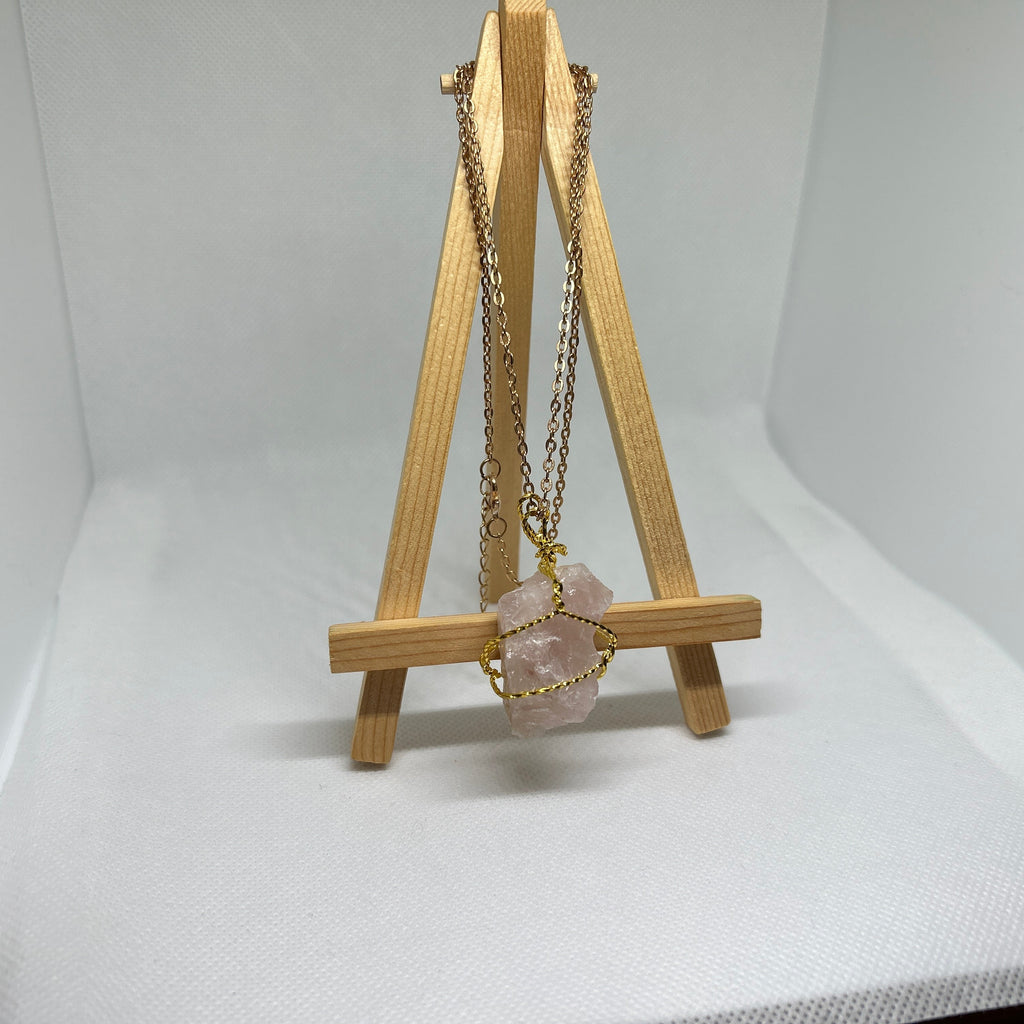 Raw Rose Quartz Wire Wrapped Gold Pendant Chain Necklace