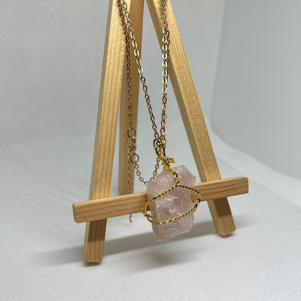 Raw Rose Quartz Wire Wrapped Gold Pendant Chain Necklace