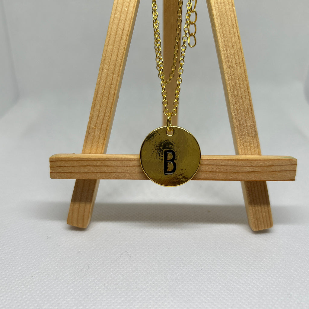 Gold Initial Letter B Stamped Disc Pendant Chain Necklace