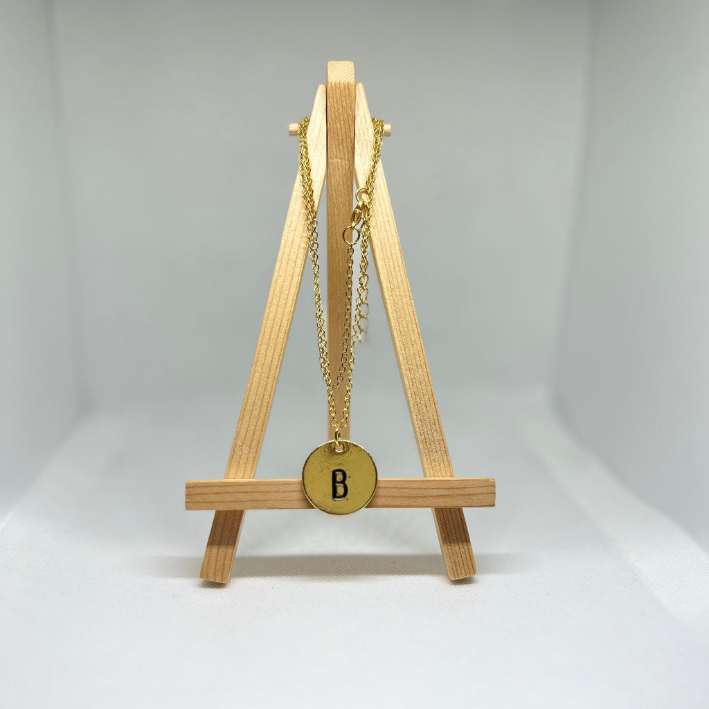 Gold Initial Letter B Stamped Disc Pendant Chain Necklace