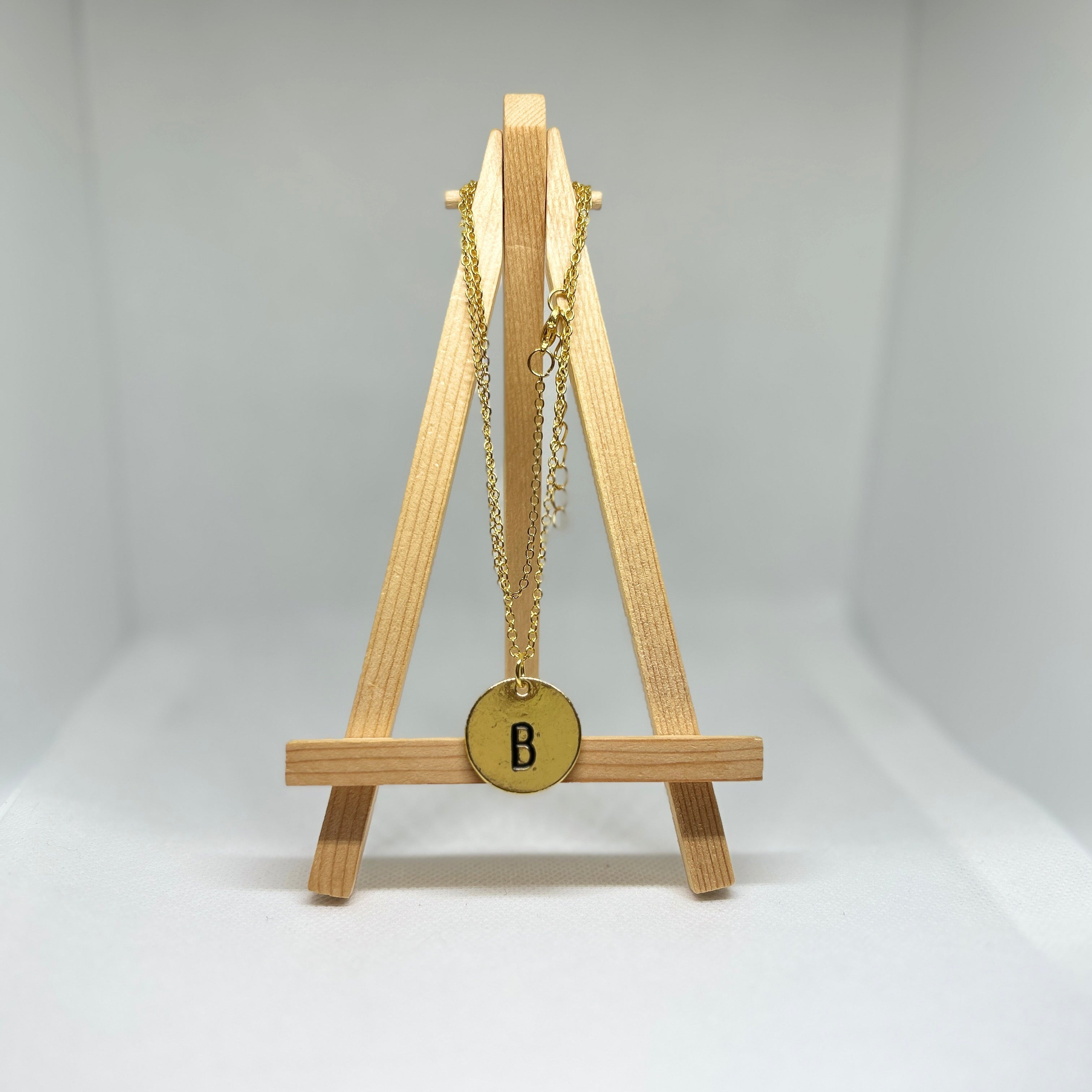 Gold Initial Letter B Stamped Disc Pendant Chain Necklace
