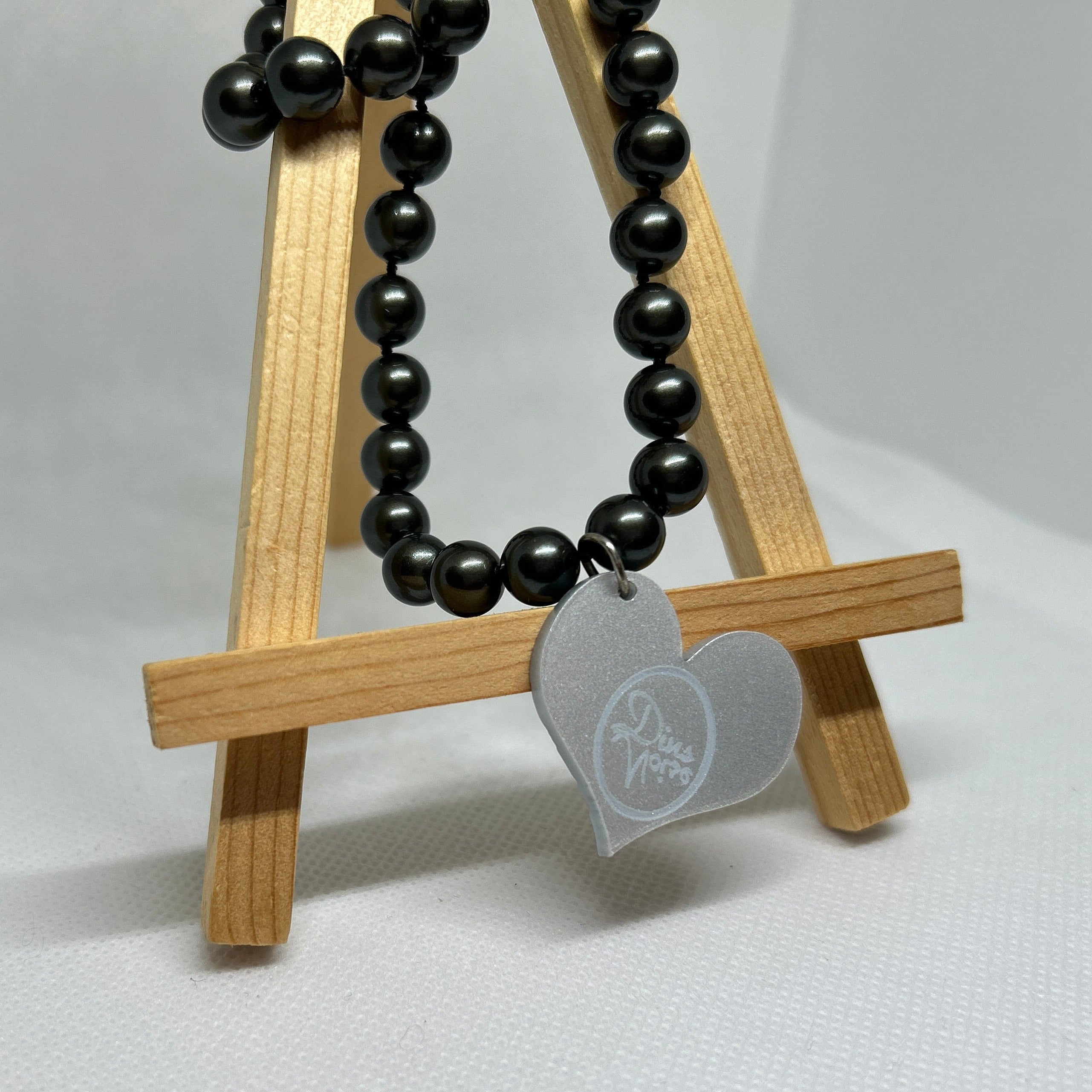 Metallic Gunmetal Black Pearl Beaded Heart Pendant Necklace