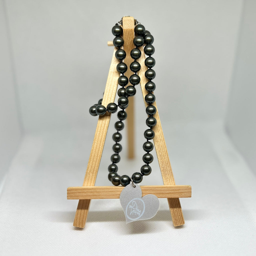 Metallic Gunmetal Black Pearl Beaded Heart Pendant Necklace