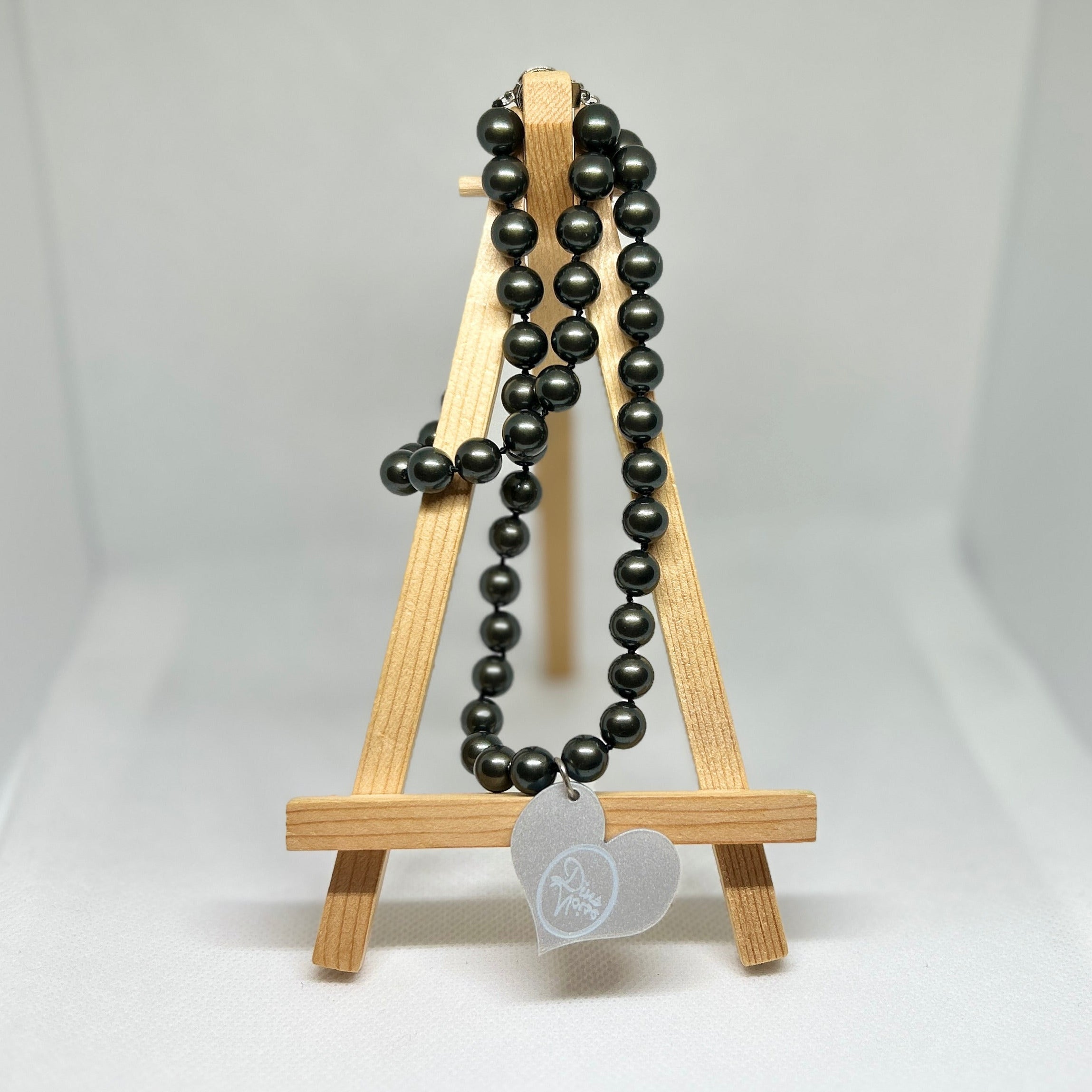 Metallic Gunmetal Black Pearl Beaded Heart Pendant Necklace