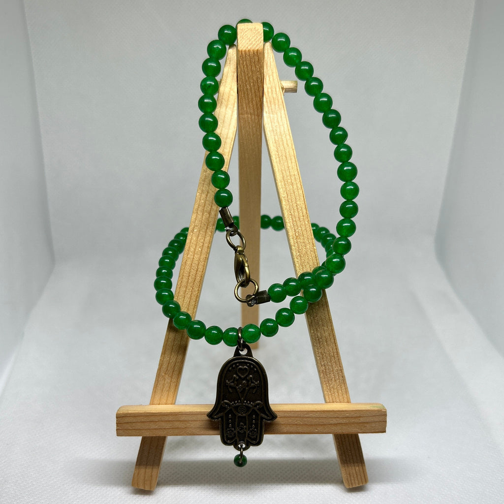 Emerald Green Jade Style Fatima Hand Pendant Beaded Necklace