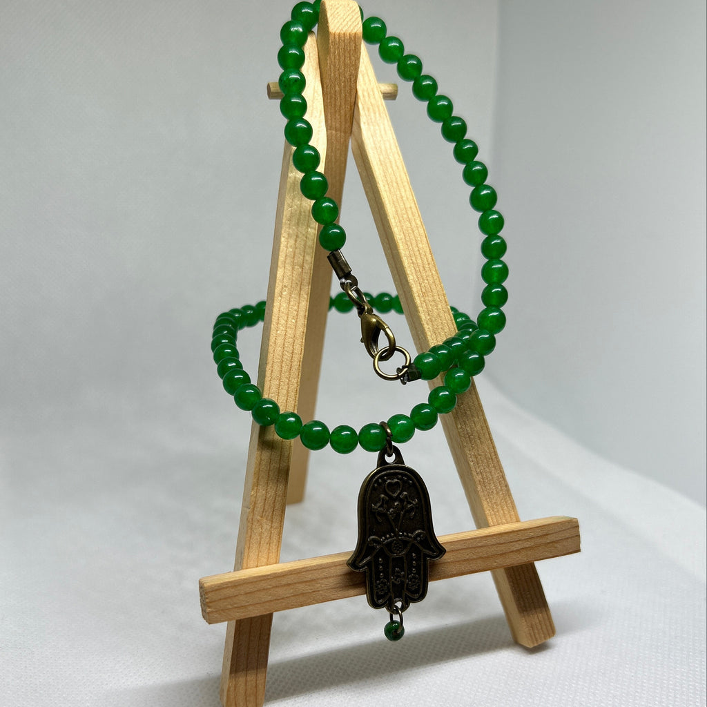 Emerald Green Jade Style Fatima Hand Pendant Beaded Necklace