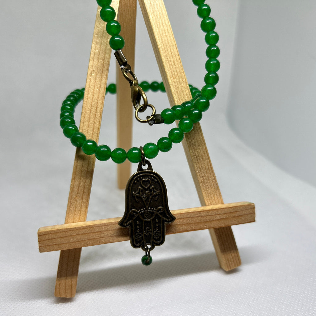 Emerald Green Jade Style Fatima Hand Pendant Beaded Necklace