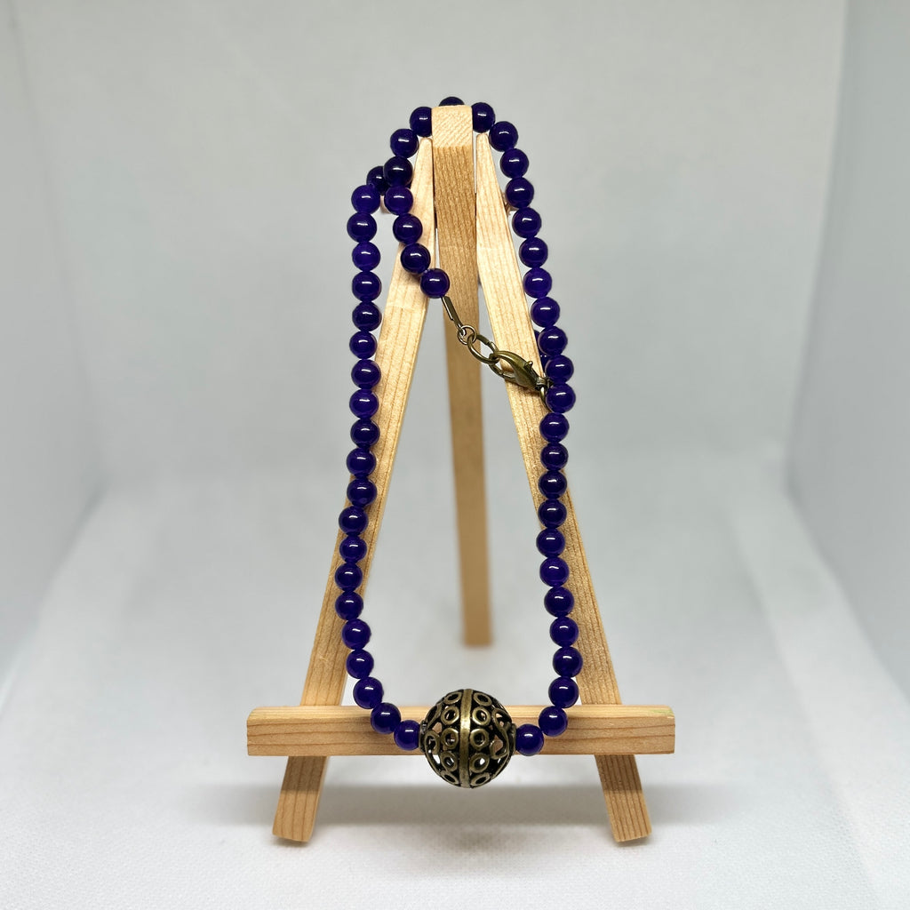 Deep Purple Amethyst Style Beaded Filigree Sphere Necklace