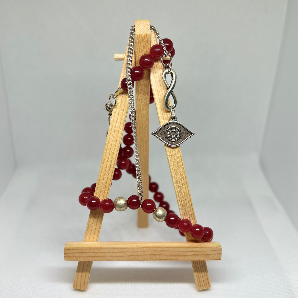 Ruby Red Beaded Silver Evil Eye & Infinity Loop Pendant Necklace