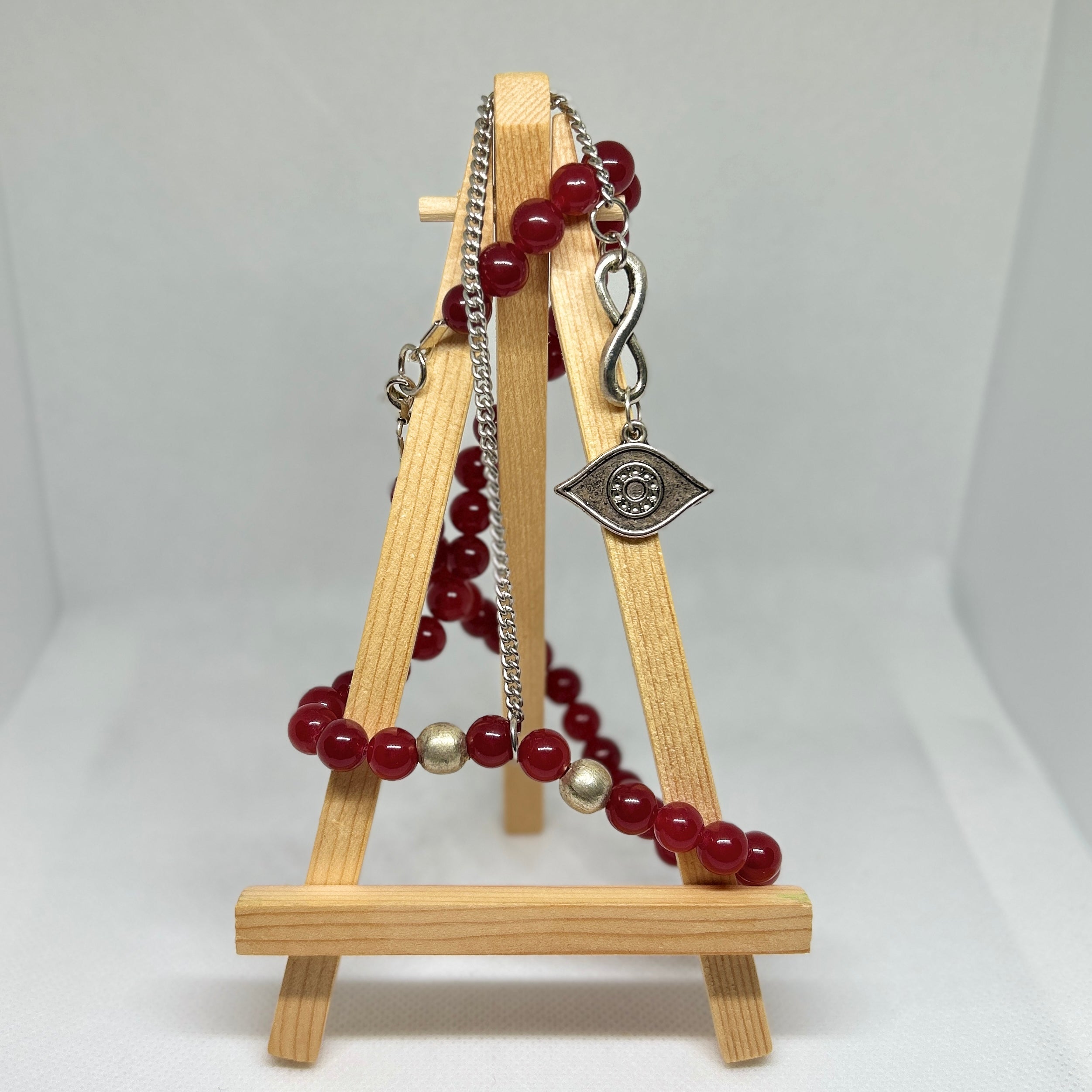 Ruby Red Beaded Silver Evil Eye & Infinity Loop Pendant Necklace