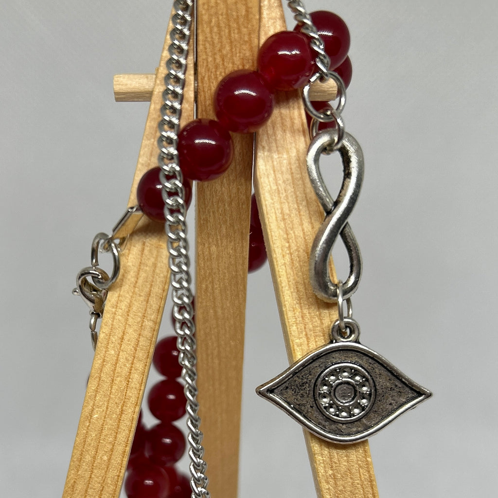 Ruby Red Beaded Silver Evil Eye & Infinity Loop Pendant Necklace