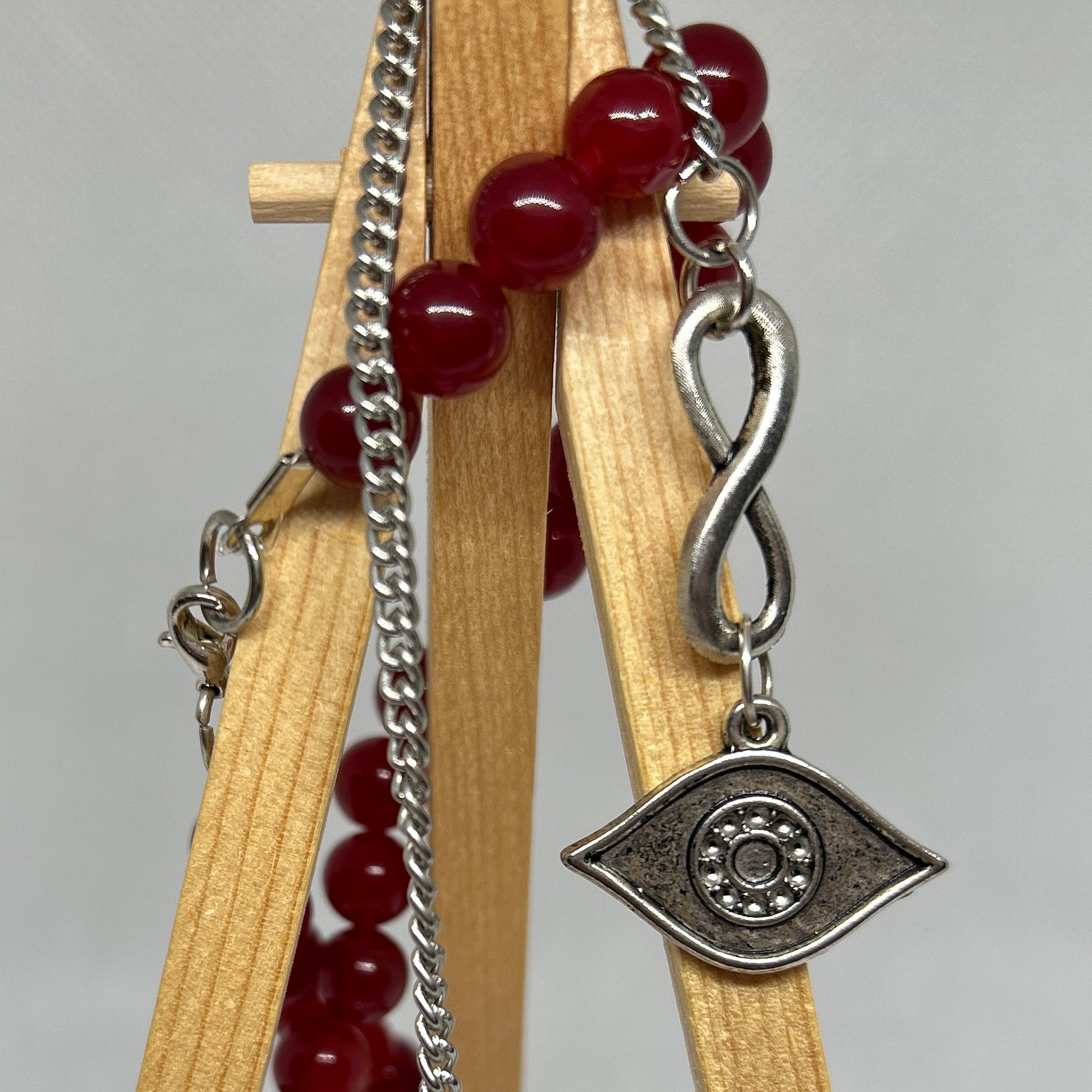 Ruby Red Beaded Silver Evil Eye & Infinity Loop Pendant Necklace