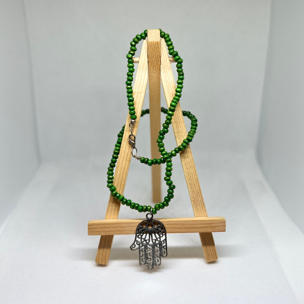Forest Green Wooden Beaded Silver Fatima Hand Pendant Necklace