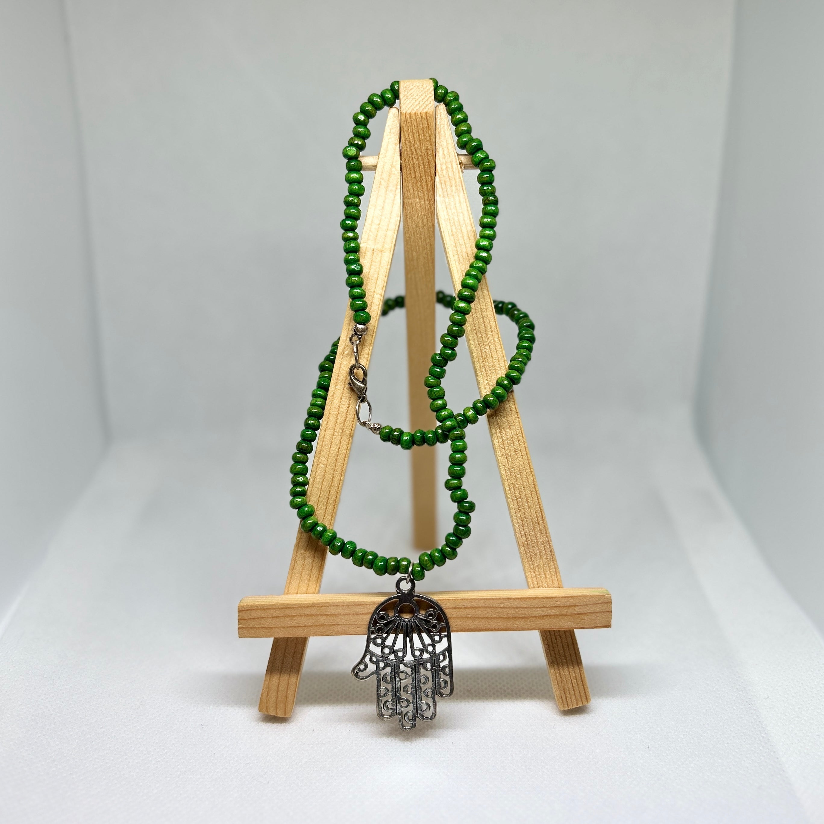 Forest Green Wooden Beaded Silver Fatima Hand Pendant Necklace